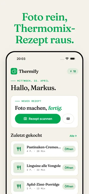 L'app Thermify: scansiona una ricetta e trova le ultime ricette cucinate.