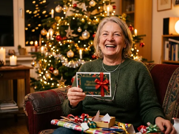 Una mamma, la vigilia di Natale, mostra ridendo il buono stampato davanti all'albero.
