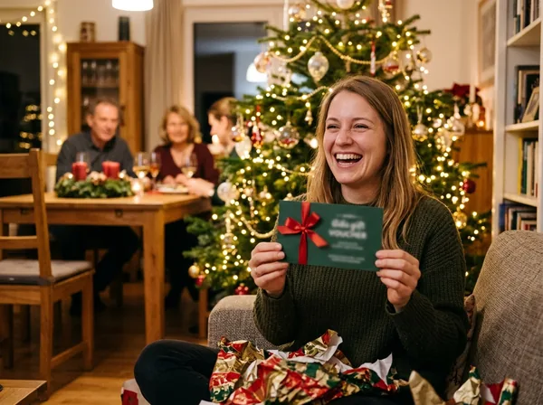 Una ragazza, la vigilia di Natale, mostra ridendo il buono stampato davanti all'albero.