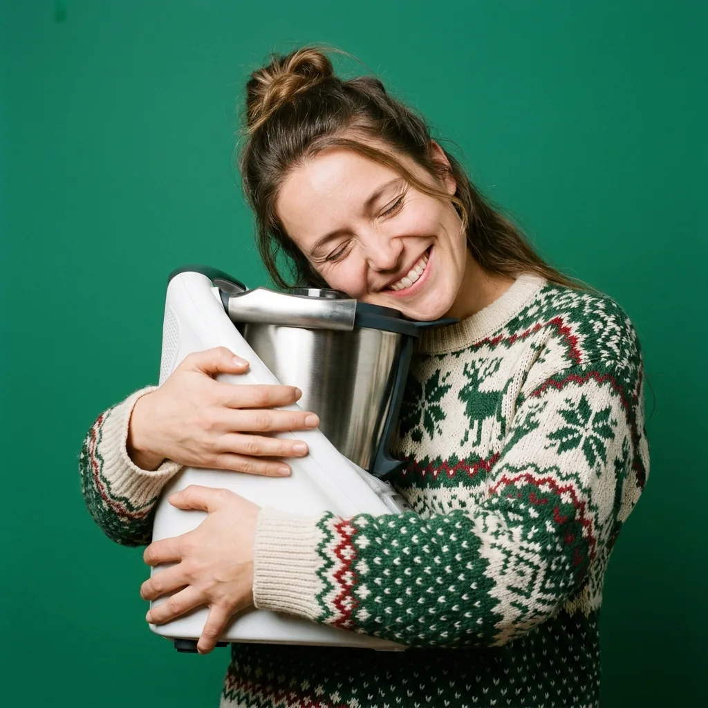Una ragazza con il maglione natalizio abbraccia felice il suo Bimby®.
