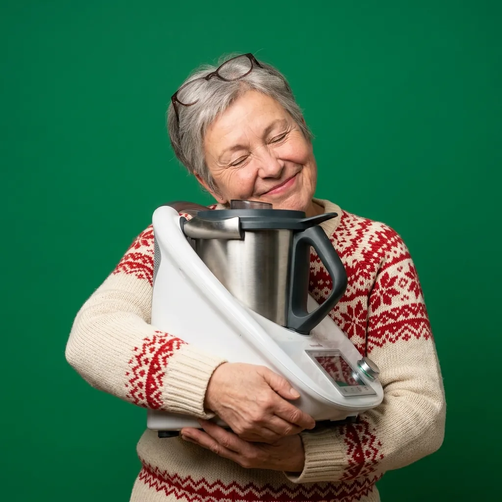 Una mamma con il maglione natalizio abbraccia felice il suo Bimby®.