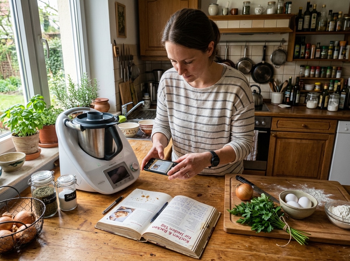 Symbolbild: Eine Person fotografiert mit ihrem Smartphone ein offenes Rezeptbuch in einer Küche.